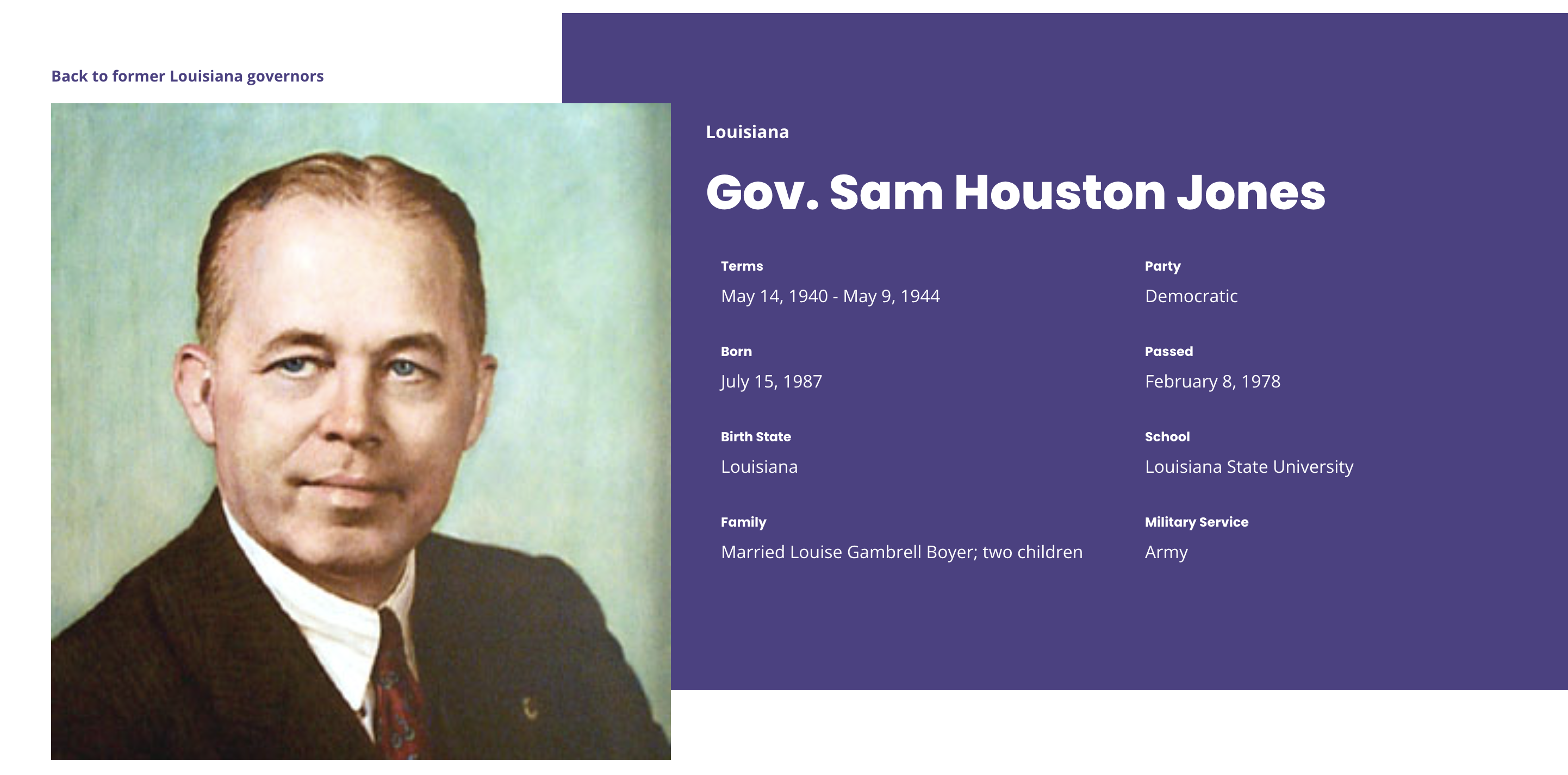 Sam Houston Jones' NGA page where his birth year is after his term start